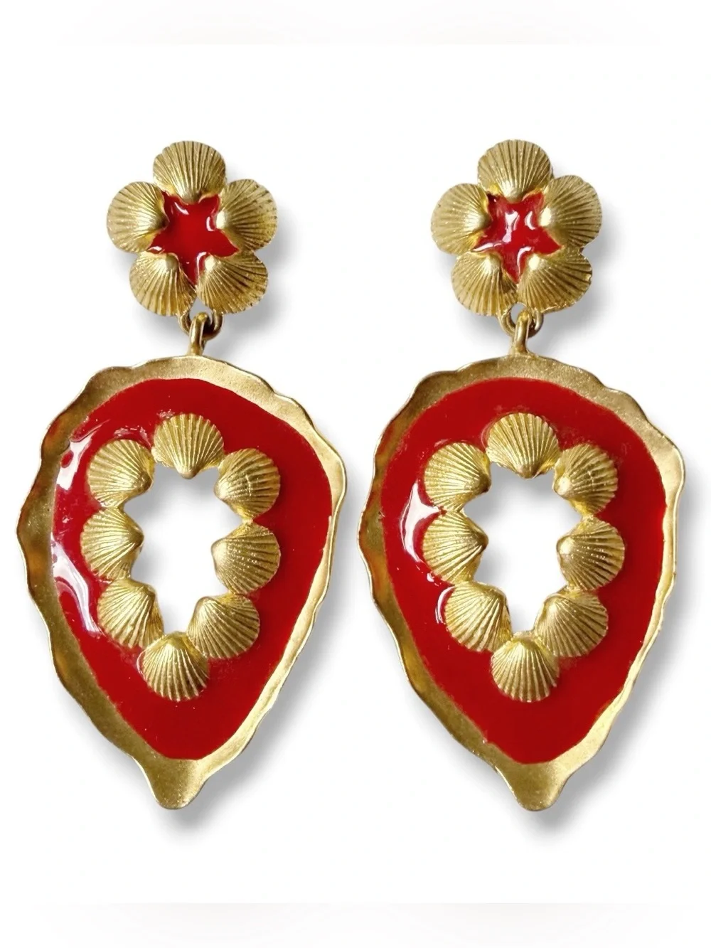 Vintage Red Enamel Matte Goldtone Seashell Shells Dangle Statement Earrings